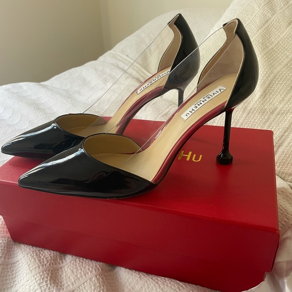 Shoes - Patent leather pointed toe pumps with nail heels by Vivienne Hu